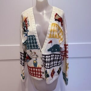 VTG Robert Scott Ltd Hand Knit Golf Theme Chunky Novelty Cardigan Sweater 90s